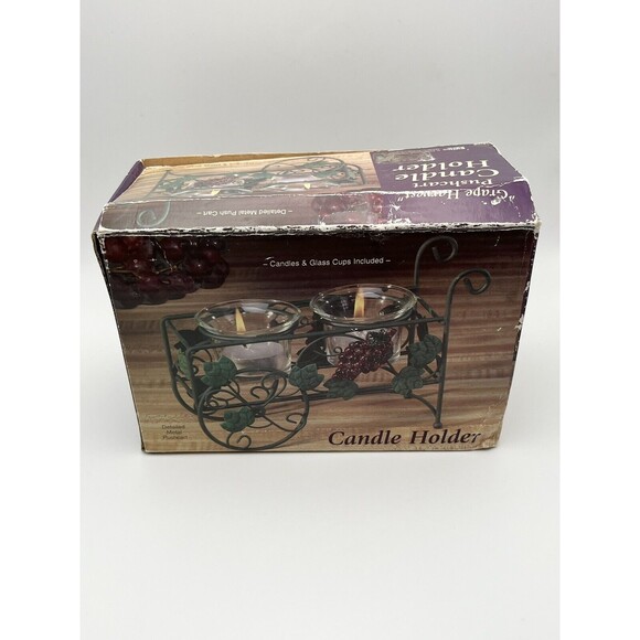 Vintage Giftco Grape Harvest Pushcart Candle Holder & 2 Glass Candles New In Box - Picture 6 of 9